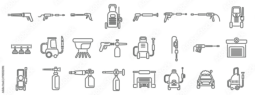 High pressure washer icons set outline vector. Car wash foam. Water soap cleaning - obrazy, fototapety, plakaty 