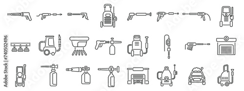 High pressure washer icons set outline vector. Car wash foam. Water soap cleaning
