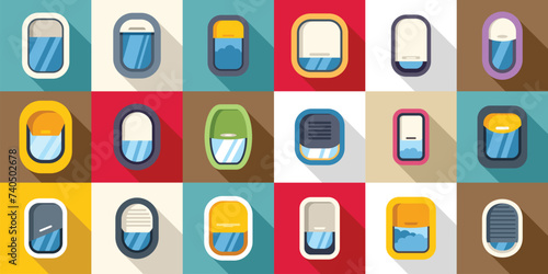 Airplane window icons set flat vector. Plane flight. Air travel sky vacation