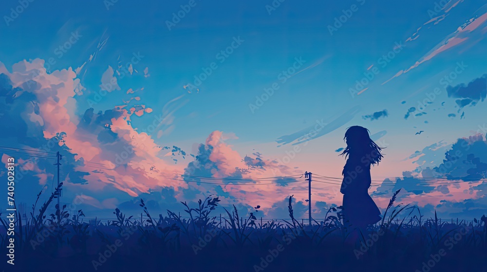 lonely, girl, cloudy, dawn, evening, blue tone