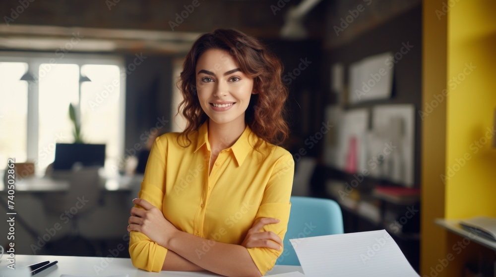 A young beautiful pretty woman wearing a yellow shirt with her arms crossed looks at the camera in the office. Business, Office worker, Startup, Concept Designer.