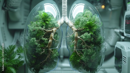 Lungs transformed into transparent biomes with tree like bronchi filtering air in a zero gravity environment