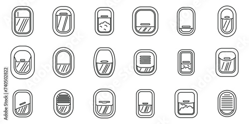 Airplane window icons set outline vector. Plane flight. Air travel sky vacation