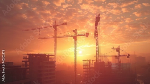 Buildings under construction and cranes working during sunset or sunrise