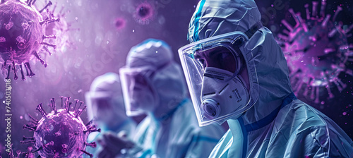 Pandemic concept, scientists in protective masks diligently explore the intricate nature of novel viruses, working towards safeguarding public health.  photo