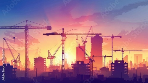 Buildings under construction and cranes working during sunset or sunrise #740503047