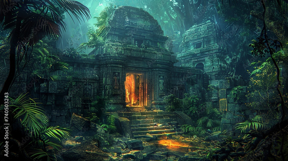 Sunlight filters through the dense foliage of a jungle, illuminating the ruins of an ancient temple with a mystical aura.