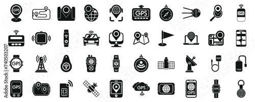 GPS tracker icons set simple vector. Car geolocation app. City navigation map
