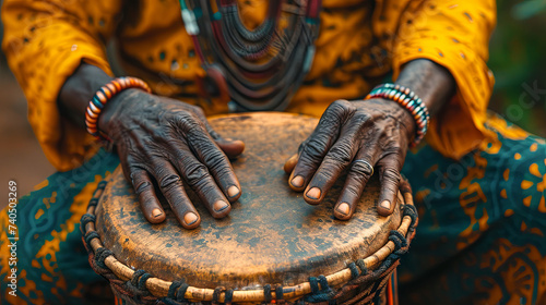 Hands are engaged in playing an African djembe drum.