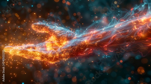 Muscles interwoven with fiber optic tendons glowing with the kinetic energy of shooting stars as they contract and expand