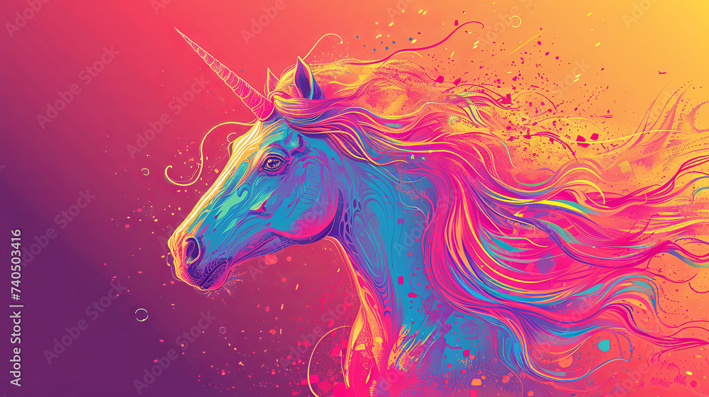 Portrait of unicorn with a single large, pointed, spiraling horn projecting from its forehead, bright background Portrait of unicorn with a single large, pointed, spiraling horn projecting from its forehead, bright background
