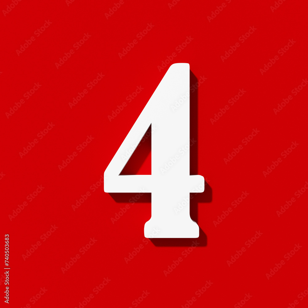 White number four on red background. White number four on red background.