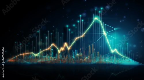 Business growth concept: progress arrow up, success skills, market improvement graph on stock background for achieving goals in futuristic finance