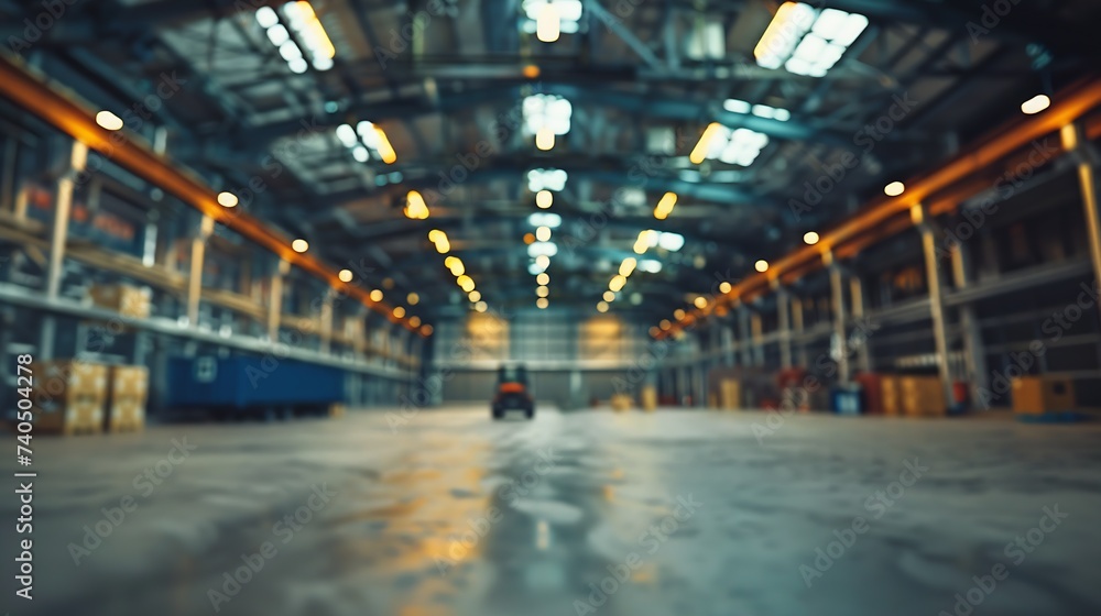 Warehouse interior blurred. Empty warehouse without anyone. Old warehouse interior without shelving. Spacious hangar with metal roof. Storage room with forklift. Rental industrial prem : Generative AI Warehouse interior blurred. Empty warehouse without anyone. Old warehouse interior without shelving. Spacious hangar with metal roof. Storage room with forklift. Rental industrial prem : Generative AI