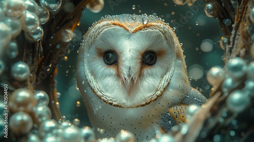 Pearls on a mirror under the stars where a lone owl perches its wise gaze captured in the mirror surrounded by the celestial glow of the pearls photo