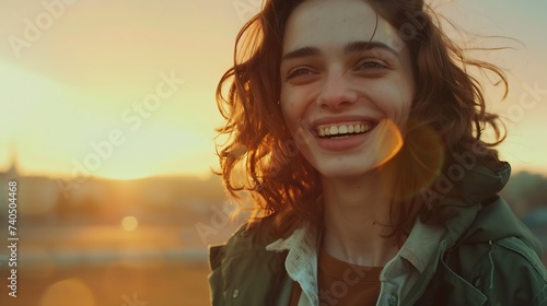People beauty and lifestyle concept Shot of attractive sensual woman with wide smile dressed in green jacket and brown Tshirt smiling broadly being happy to meet her best friend Joyful : Generative AI photo