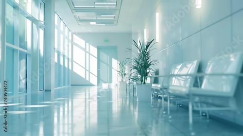 Empty modern hospital corridor, clinic hallway interior background with white chairs for patients waiting for doctor visit. Contemporary waiting room in medical office. Healthcare serv : Generative AI photo