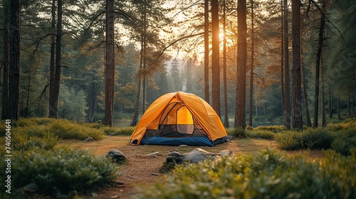 Camping picnic tent campground in outdoor hiking forest photo