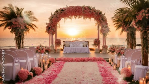 beautiful wedding decoration for the wedding ceremony, with romantic pink flowers, taking place near the beach, at sunset. Seamless looping time-lapse virtual 4K video animation background. photo