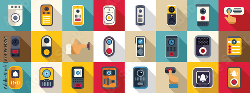 Door bell icons set flat vector. Home button security. Safety ring buzzer
