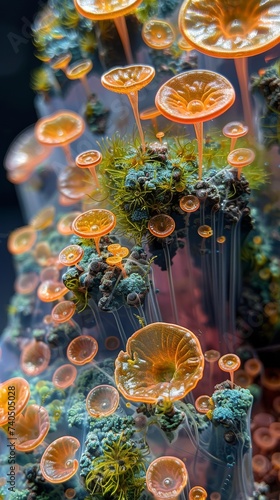 Phospholipid bilayer in vivid colors hosting a micro ecosystem of moss and lichen a miniature world within a cell