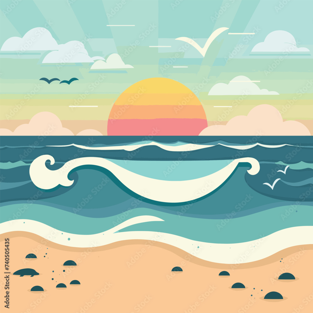 Summer wave in flat style Vibrant illustration of a beach wave under the sun