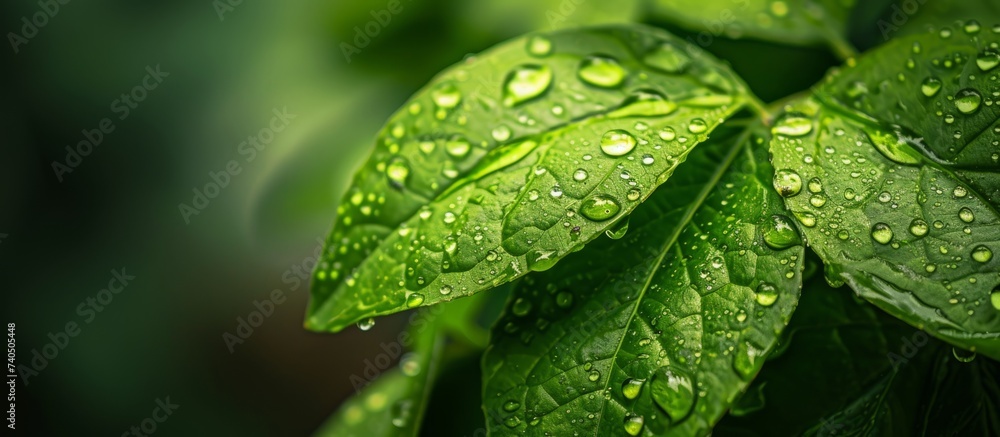 A close up image of a green leaf covered in glistening water drops, showcasing the beauty of moisture on a terrestrial plant A close up image of a green leaf covered in glistening water drops, showcasing the beauty of moisture on a terrestrial plant