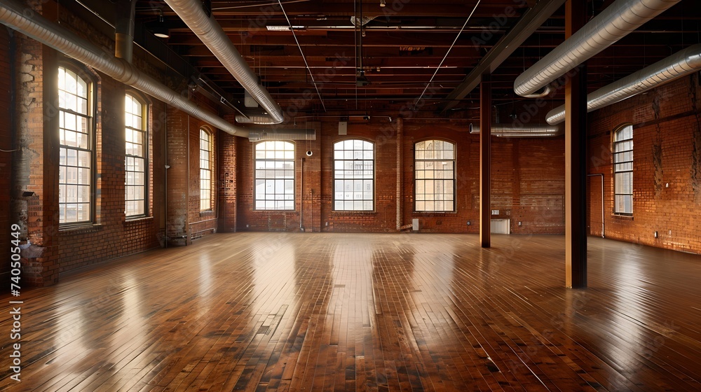 An interior shot of an old, historic empty warehouse/factory, with exposed ducts and hardwood floors. : Generative AI