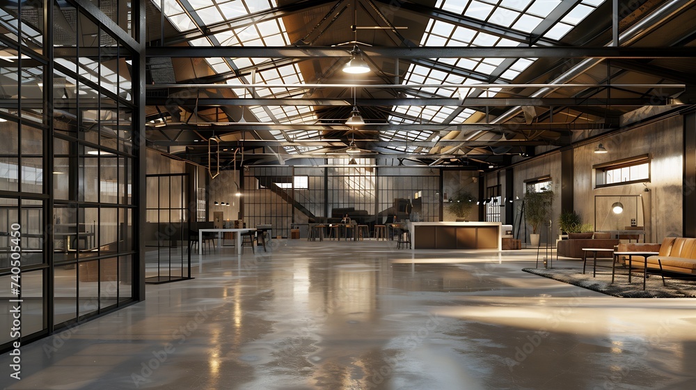 Industrial building warehouse interior with polished concrete floor and style transparent glass roof top. 3d rendering : Generative AI
