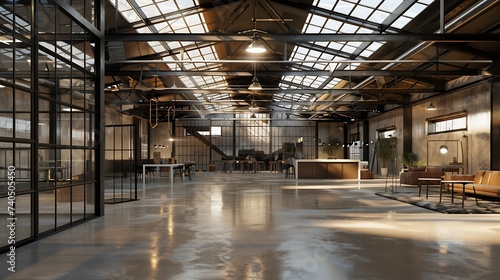 Industrial building warehouse interior with polished concrete floor and style transparent glass roof top. 3d rendering : Generative AI