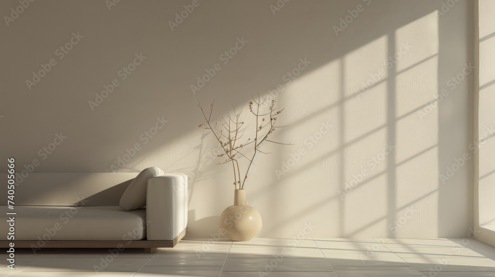 Minimalistic living room composition with a sofa and a vase in clear colors Minimalistic living room composition with a sofa and a vase in clear colors