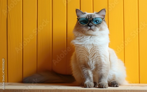 Birman cat with sunglasses and cap on a professional background