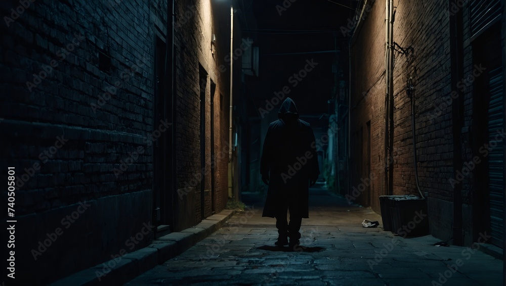 A mysterious figure stands in the shadows, their back turned to the viewer