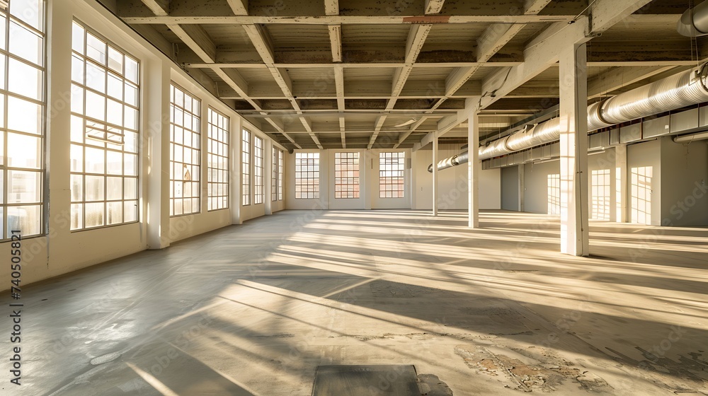 Empty industrial building with concrete floors, awaiting new coverage with large windows and white technical ceiling : Generative AI