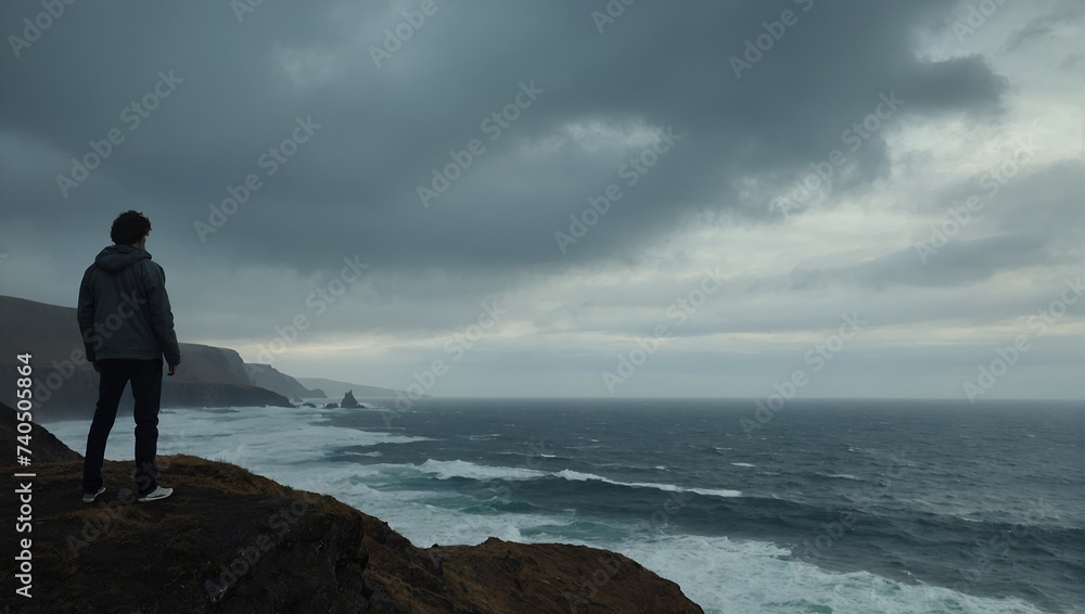 A lone figure stands on the edge of a cliff, their back facing the vast expanse of the ocean.