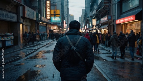 A figure stands in a crowded city street, their back to the hustle and bustle