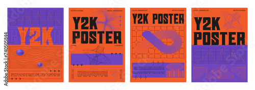 Set of retro futuristic vibe banners. Vector realistic illustration of y2k aesthetic posters with orange and purple color background, text borders, statistics data chart frames, retrowave collage