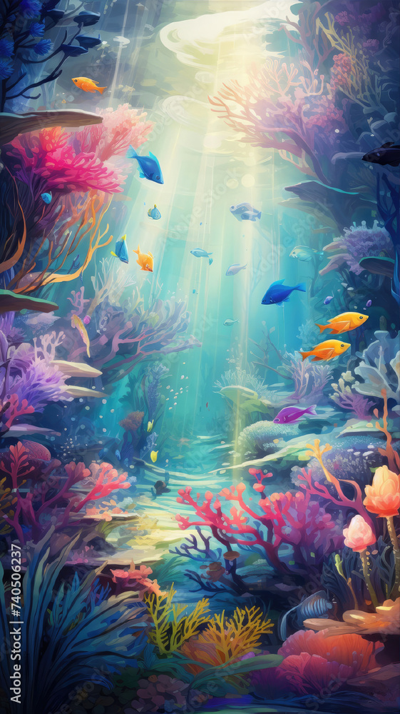 Underwater coral reef, tropical fish, vibrant sea colors, beautiful seascape, ocean beauty in 3D.