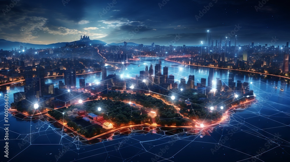 Business illustration: smart city and network connection concept with futuristic technology and urban infrastructure integration

