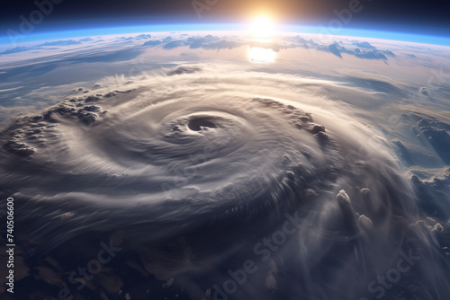 Stunning sunset over a swirling hurricane, suitable for dramatic background in documentaries or weather forecasts.