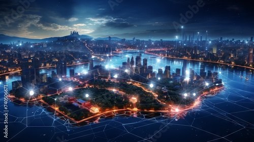 Business illustration: smart city and network connection concept with futuristic technology and urban infrastructure integration