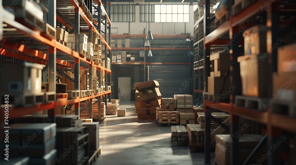 warehouse interior with shelves, pallets and boxes : Generative AI warehouse interior with shelves, pallets and boxes : Generative AI