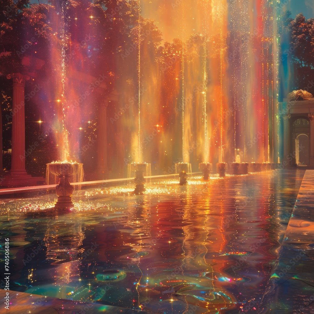 Opal fountain in the heart of a mystical plaza its spraying waters a continuous cascade of rainbows Opal fountain in the heart of a mystical plaza its spraying waters a continuous cascade of rainbows