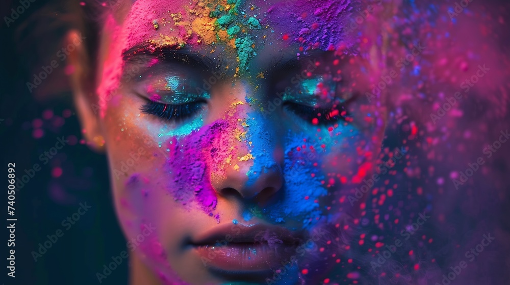 Fashion model girl portrait with colorful powder make up Beauty woman with bright color makeup Closeup of Vogue style lady face Abstract colourful makeup Art design Black background : Generative AI - obrazy, fototapety, plakaty 