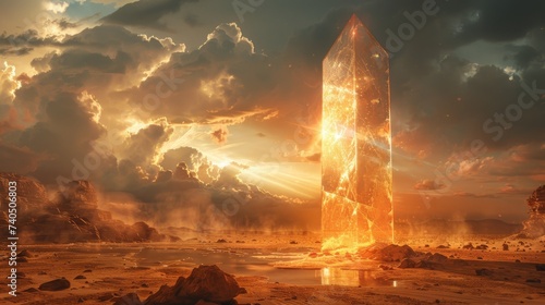 Onyx obelisk in a desert its surface polished to reflect the sunrise and create a halo of rainbows around its base