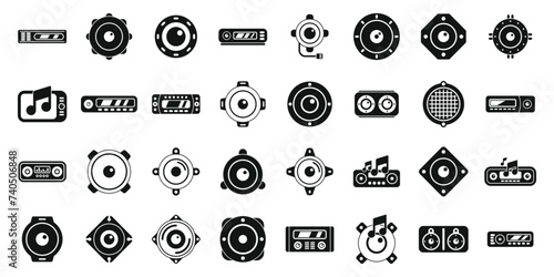 Acoustics car icons set simple vector. Music sound system. Audio auto cd