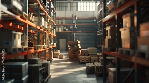 warehouse interior with shelves, pallets and boxes : Generative AI