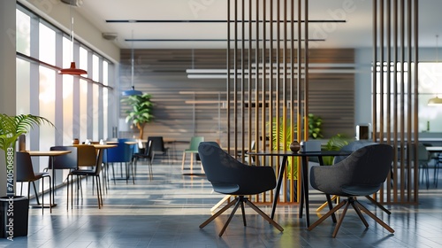 Interior photography of a contemporary design corporate office break out area, a lounge area with tables & chairs with a room divider & open plan office in the background : Generative AI