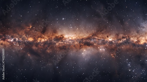 A view from space to a galaxy and stars Universe filled with stars nebula and galaxy Panoramic shot wide format Elements of this image  : Generative AI #740506889