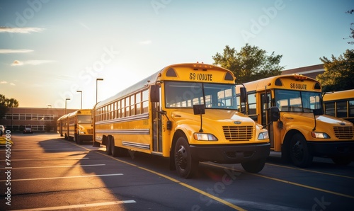 Row of Yellow School Buses Parked in Parking Lot